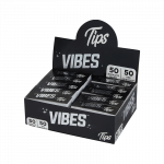 A slightly angled close-up of the VIBES Rolling Tips Box - 50 Pack, displaying the branded packaging with a clean, minimalist design.