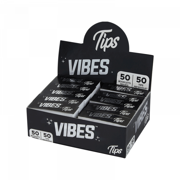 A slightly angled close-up of the VIBES Rolling Tips Box - 50 Pack, displaying the branded packaging with a clean, minimalist design.