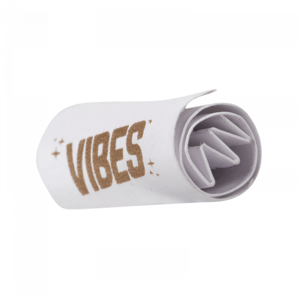 Close-up of the open VIBES Rolling Tips Box - 50 Pack, revealing a stack of white rolling tips inside.