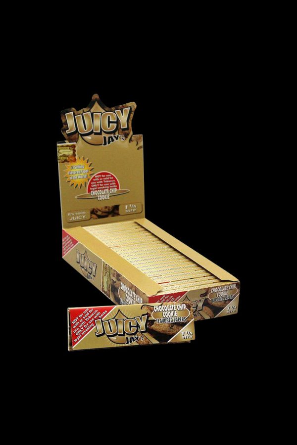 A close-up, angled shot of Juicy Jay's 1 1/4 Chocolate Chip Rolling Papers packaging with a brown and cream color scheme.