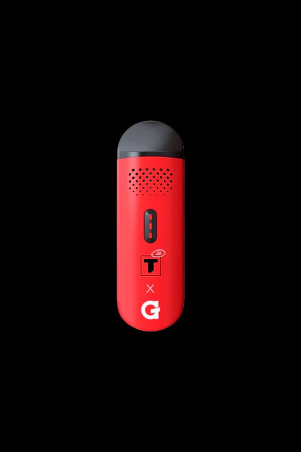 Red cannabis vaporizer with “T” and “G” branding.