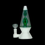 Glowing green glass water pipe with a separate glass bowl piece, set against a black background.