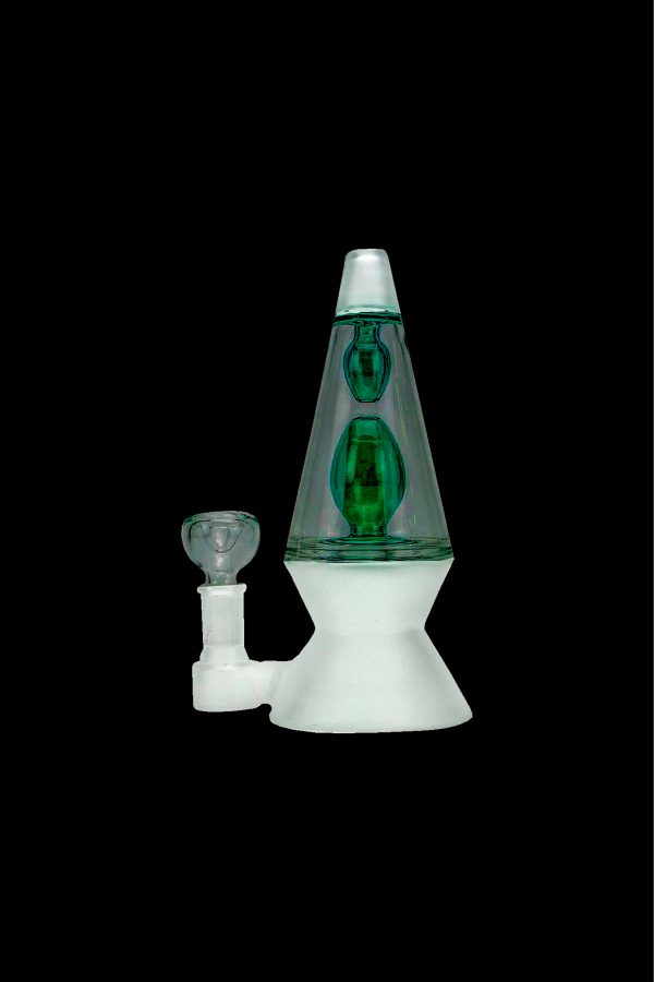 Glowing green glass water pipe with a separate glass bowl piece, set against a black background.