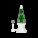 Green lava lamp-shaped dab rig with accompanying glass bowl, isolated on black.