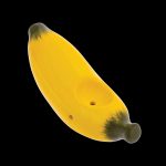 Yellow glass banana-shaped pipe with visible holes, isolated on a black background.