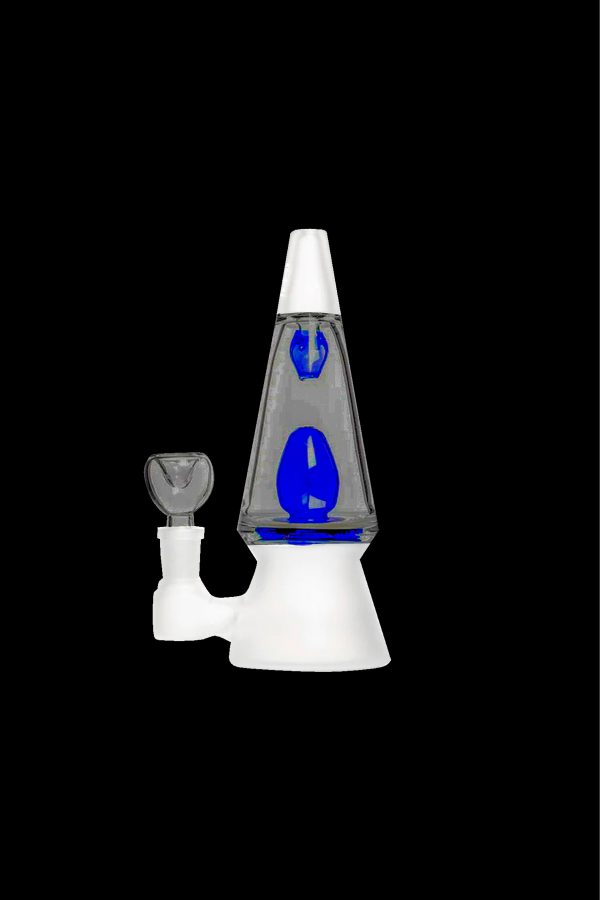 White glass rig with blue liquid chamber and glass bowl.