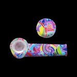 Colorful glass pipe and mouthpiece set against a black background.