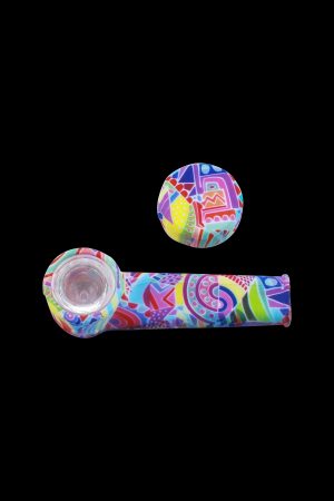 Colorful glass pipe and mouthpiece set against a black background.