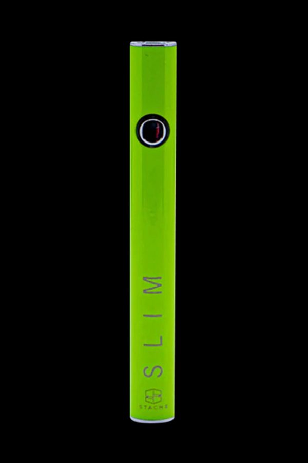 Bright green cannabis vape pen with “SLIM” vertically printed along the side.