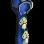 Blue glass pipe decorated with sculpted, glowing green mushrooms.