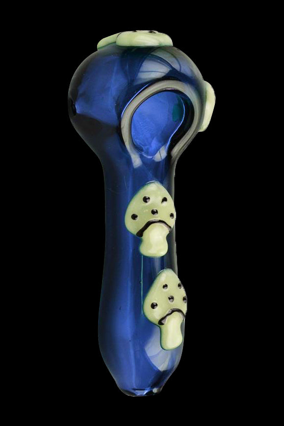 Blue glass pipe decorated with sculpted, glowing green mushrooms.