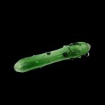 Green glass pipe resembling a pickle against a black background.