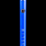 Blue cannabis oil vape pen with “SLIM” and “STACHE” branding against a black background.
