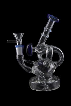 Clear glass water pipe (rig) with intricate curves and blue accents, isolated on a black background.