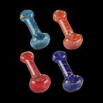 A close-up shot of the Simple Colorful Spoon Pipe - Balloon Strings, displaying a vibrant, colorful glass pipe against a black backdrop.