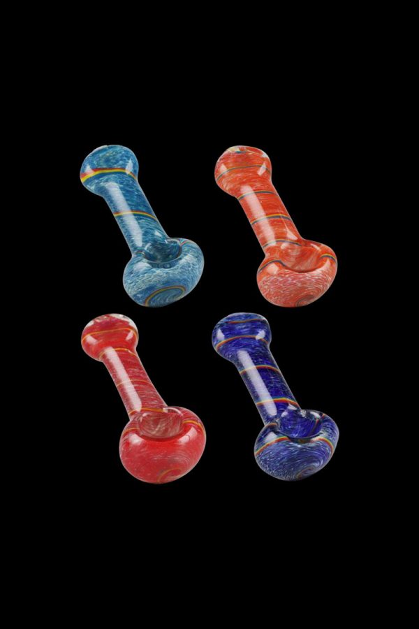 A close-up shot of the Simple Colorful Spoon Pipe - Balloon Strings, displaying a vibrant, colorful glass pipe against a black backdrop.