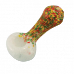 A close-up, angled view of the Rasta Color Frit Glass Pipe, showing its colorful, speckled glass construction.