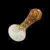 A side view of the Rasta Color Frit Glass Pipe, featuring colorful frit patterns on a curved glass body.