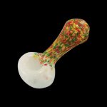 A side view of the Rasta Color Frit Glass Pipe, featuring colorful frit patterns on a curved glass body.