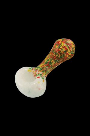A side view of the Rasta Color Frit Glass Pipe, featuring colorful frit patterns on a curved glass body.