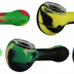 Front view of the Classic Silicone Hand Pipe with Glass Bowl, showcasing its curved shape and colorful silicone exterior.