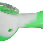 Front view of the Classic Silicone Hand Pipe with Glass Bowl, showing a handheld pipe with a green silicone body and clear glass bowl.