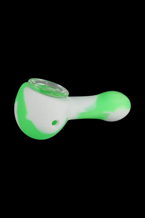 The Classic Silicone Hand Pipe with Glass Bowl is shown in a side view, featuring a colorful, ergonomic grip.