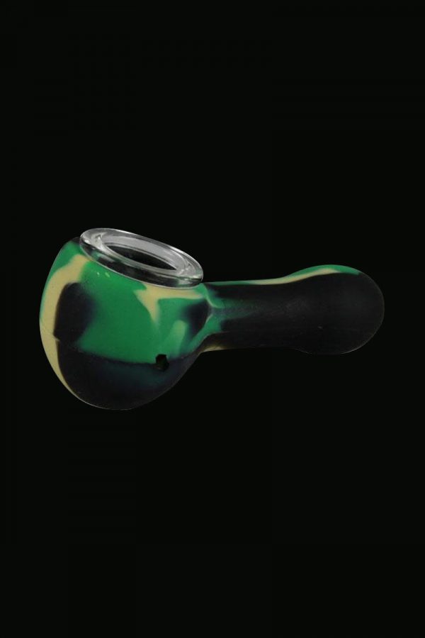The Classic Silicone Hand Pipe with Glass Bowl is shown in a close-up, angled view against a dark background.