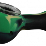 A close-up, angled view of the Classic Silicone Hand Pipe with Glass Bowl, showing the dark-colored silicone and clear glass bowl.