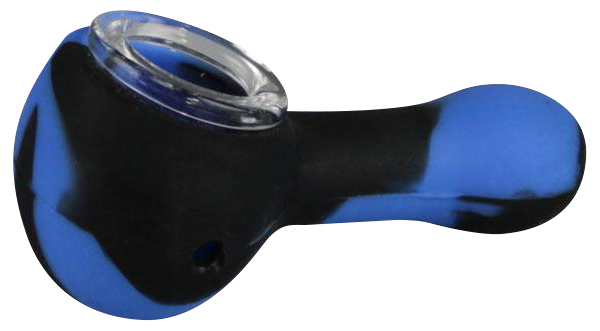 A side view of the Classic Silicone Hand Pipe with Glass Bowl, showcasing its curved shape and smooth, dark blue finish.