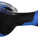 A side view of the Classic Silicone Hand Pipe with Glass Bowl, showing its curved shape and dark blue finish.