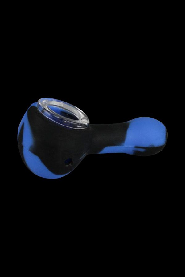 Front view of the Classic Silicone Hand Pipe with Glass Bowl, displaying a dark blue pipe with a clear glass bowl.