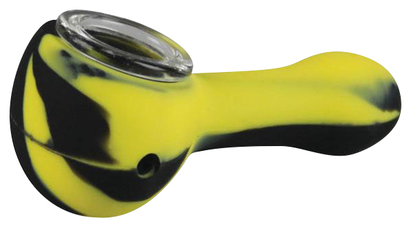 A close-up of the Classic Silicone Hand Pipe with Glass Bowl, showing its curved shape and dark-colored body.