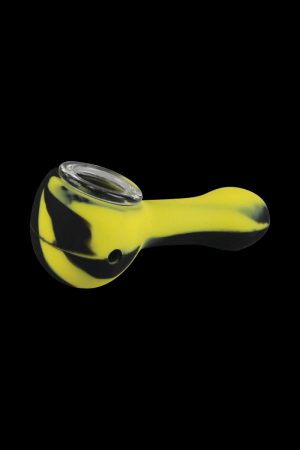 A top-down view of the Classic Silicone Hand Pipe with Glass Bowl, showing the curved shape and dark-colored silicone body.
