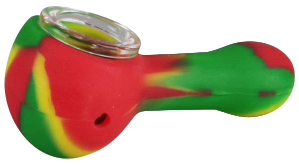 Front view of the Classic Silicone Hand Pipe with Glass Bowl, featuring a colorful, curved design.