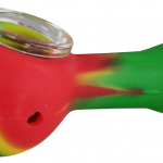 A close-up, angled view of the Classic Silicone Hand Pipe with Glass Bowl, showing its colorful silicone body and clear glass bowl.