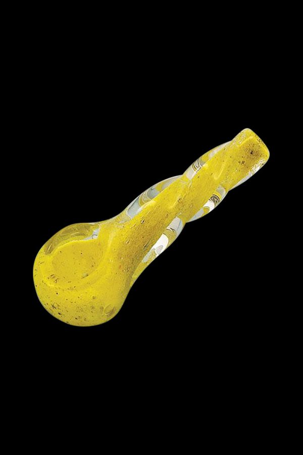 A close-up, angled view of the Small Heavy Twisted Frit Glass Pipe, showcasing its colorful, textured glass construction.