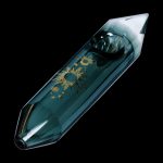 Emerald green glass pipe with gold celestial and cannabis leaf designs, isolated on black.