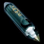 Emerald green glass pipe with celestial gold foil designs and a faceted mouthpiece.