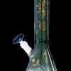 Green glass bong with gold celestial and desert botanical illustrations.