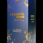 Blue box for “Famous Brandz” 12-inch water pipe, featuring astral and celestial imagery and product details.