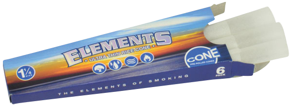 Close-up of the Elements 1 ¼” Prerolled Cones package, displaying the brand name and cone style in bold lettering.