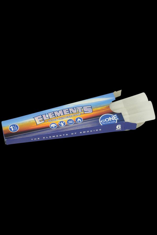 A front view of the 30-pack of Elements 1 ¼" Prerolled Cones with a blue-and-white patterned package.