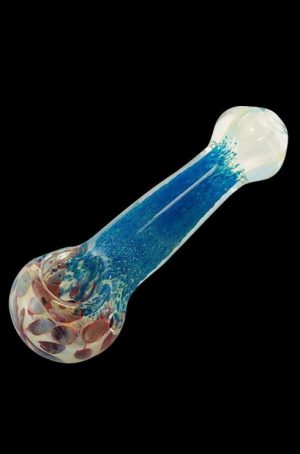Front view of the Multi-Color Glass Spoon Pipe, showcasing its curved shape and vibrant, blended glass coloration.