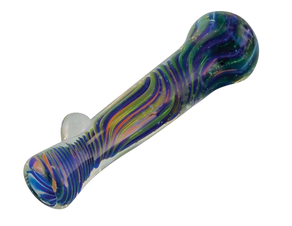 A close-up, angled view of the Multicolor Borosilicate Glass Chillum Taster, displaying its colorful glass material.