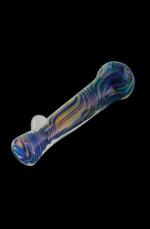 A close-up shows the Multicolor Borosilicate Glass Chillum Taster with a vibrant, multicolored design against a black backdrop.