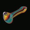 A side view of the Multicolored Glass Spoon Pipe With Stripes, showcasing its curved shape and striped glass design.