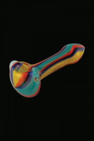 A side view of the Multicolored Glass Spoon Pipe With Stripes, showcasing its curved shape and striped glass design.
