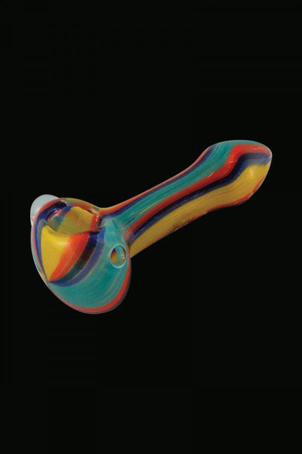 A side view of the Multicolored Glass Spoon Pipe With Stripes, showcasing its curved shape and striped glass design.