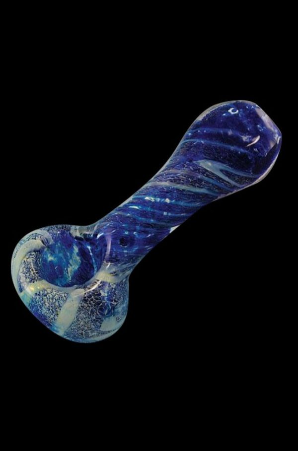 A close-up, angled view of the Twisted Frit 4" Glass Pipe, showing the colorful frit pattern within the clear glass.